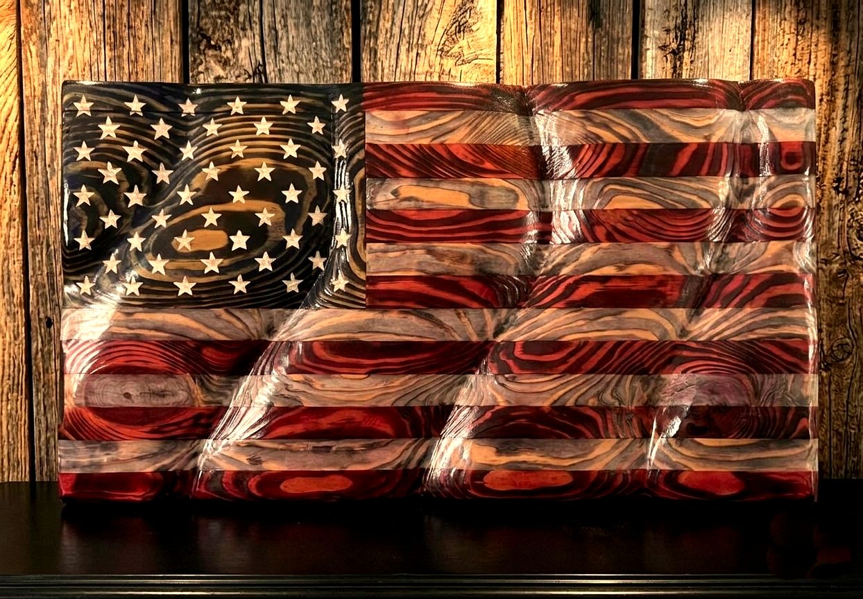 Handcrafted wood American flag built by hand in Cherokee County Alabama — carved, torched, and finished in Centre Alabama shop