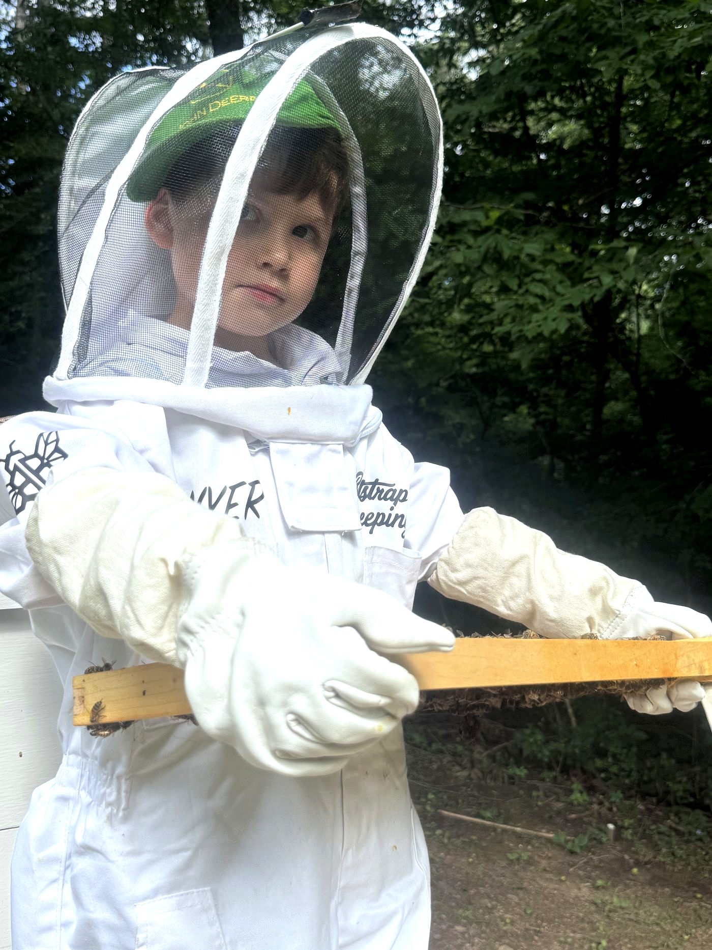 Sawyer, age six, in his Bootstrap Beekeeping suit holding a live brood frame during a hive inspection in Cherokee County Alabama